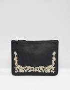 Asos Edition Leather Clutch Bag In Black With Gold Embroidery - Black