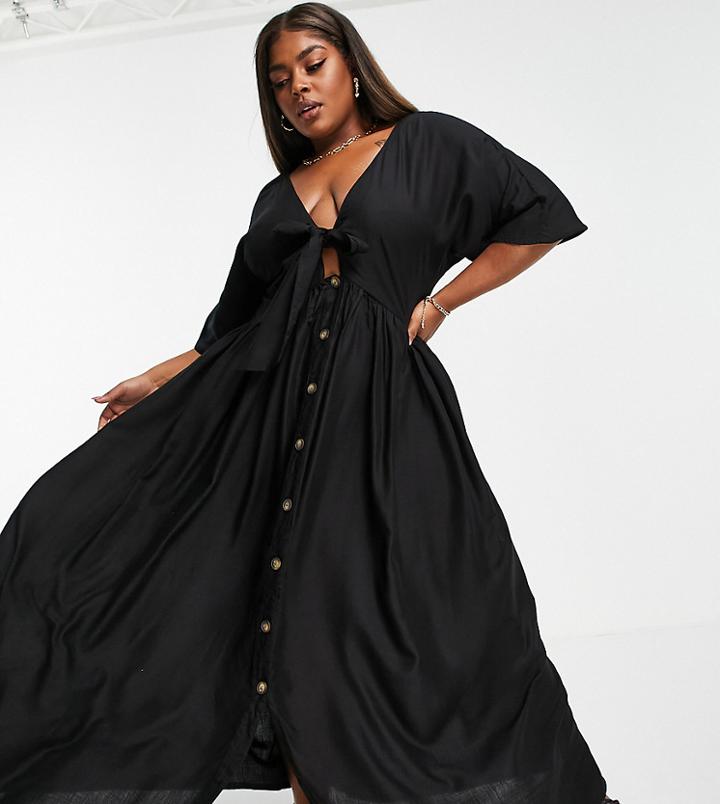Asos Design Curve Knot Front Button Through Maxi Dress In Black