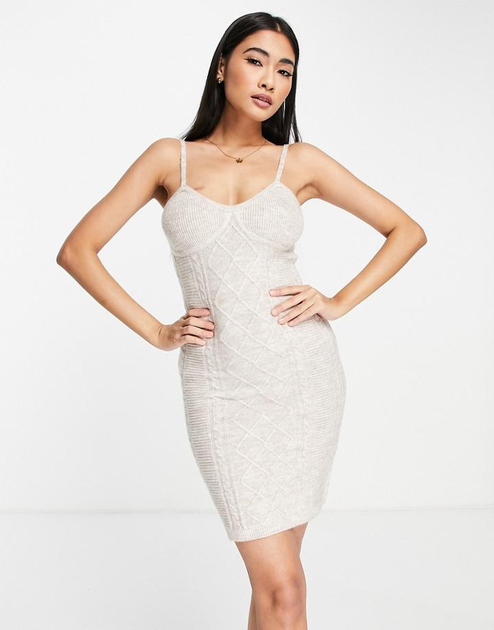 Asos Design Knitted Cable Dress In Oatmeal - Part Of A Set-neutral