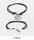 Asos Design 2-pack Woven Bracelets With Feather Charm In Black