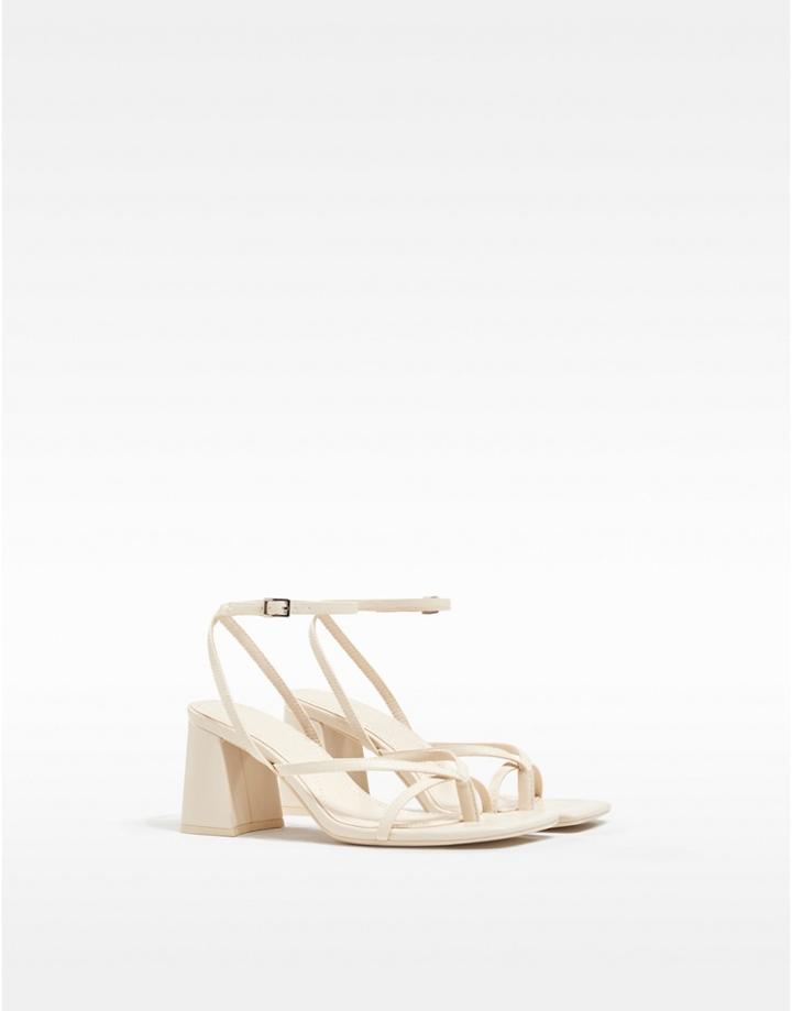 Bershka Mid Heeled Sandal With Square Toe In Ecru-white