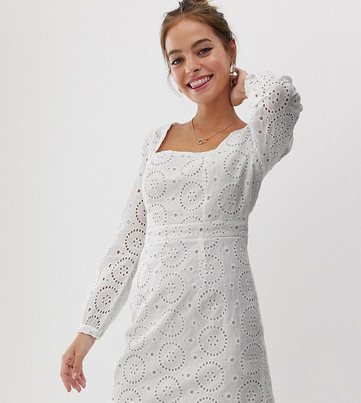 Glamorous Petite Square Neck Mini Dress In Broderie-white
