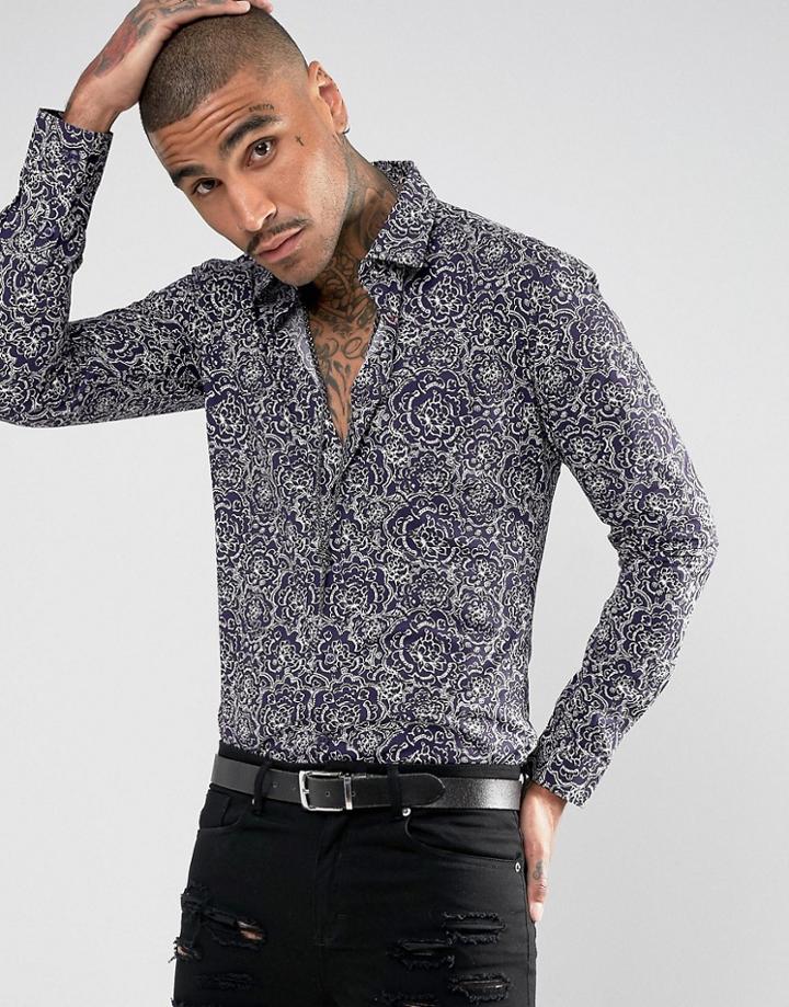 Devils Advocate Skinny Fit Printed Floral Shirt - Navy