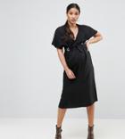 Asos Maternity Plunge Neck Midi Column Dress With Eyelet And Tie - Black