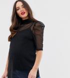 Asos Design Maternity High Neck Top In Mesh With Puff Sleeve And Cami - Black