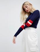 Daisy Street Knitted Sweater With Sports Stripe - Navy