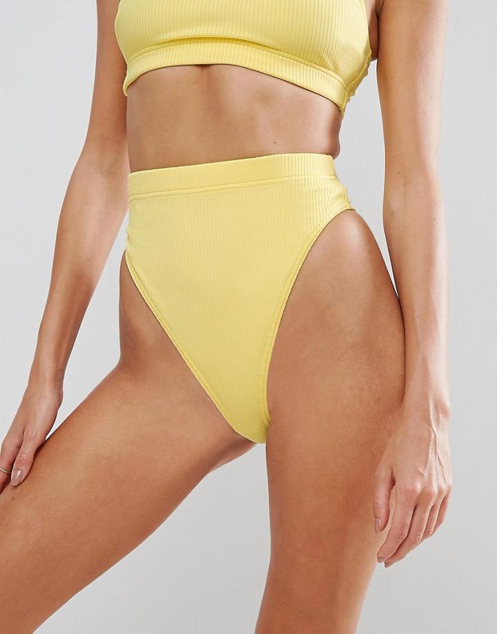 Asos High Leg High Waist Bikini Bottom In Rib - Yellow