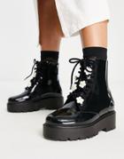 Asos Design Greenery Daisy Lace Up Wellie Boots In Black