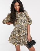 Asos Design Mini Shirt Dress With Puff Sleeves In Leopard Print-multi