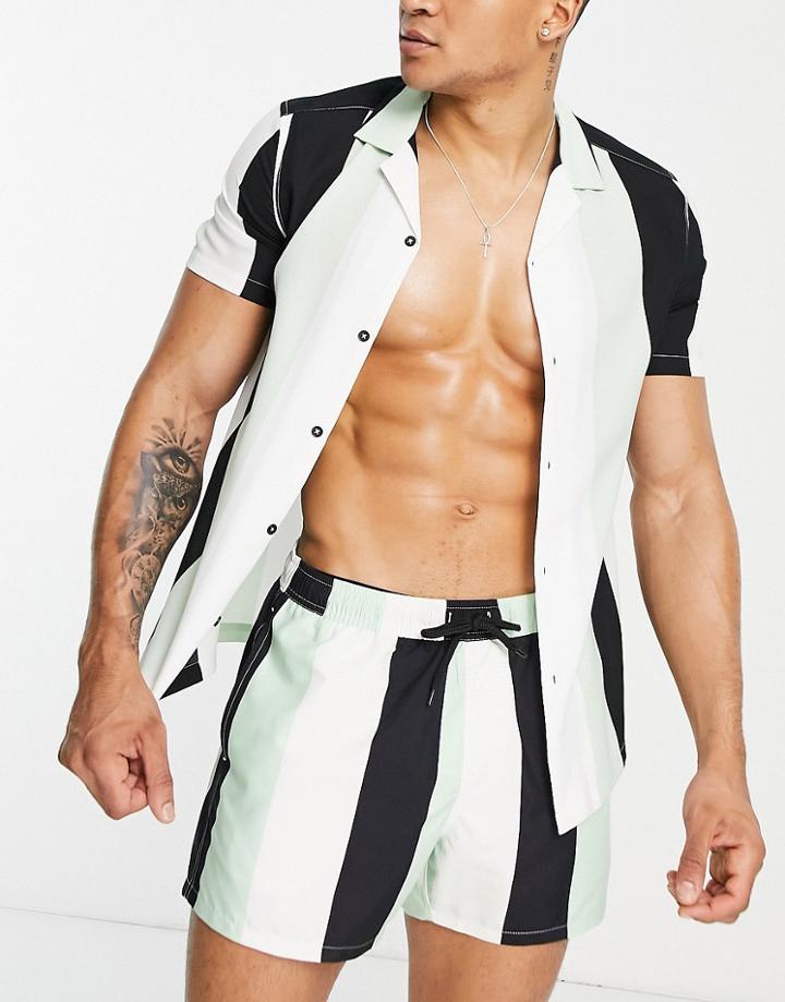 Asos Design Essential Camp Collar Retro Stripe Shirt - Part Of A Set-green