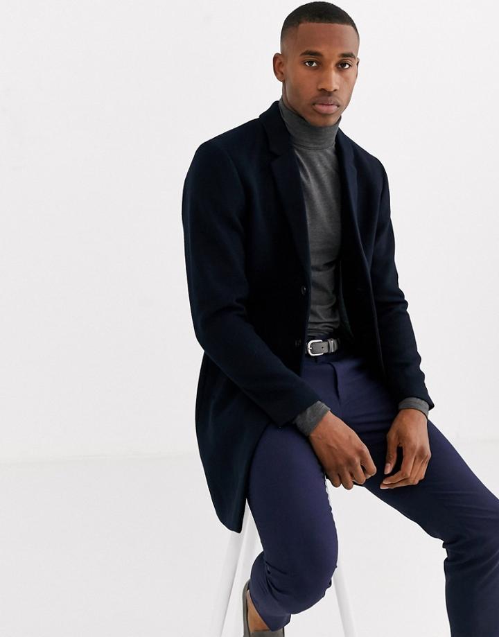 Jack & Jones Premium Wool Overcoat In Navy