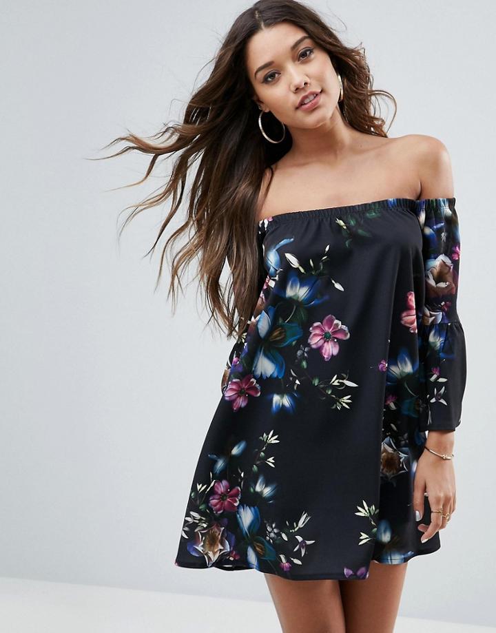 Asos Off Shoulder Dress With Bell Sleeve In Dark Based Floral Print-multi