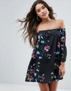Asos Off Shoulder Dress With Bell Sleeve In Dark Based Floral Print-multi