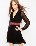Asos Embroidered Mini Wrap Dress - Black