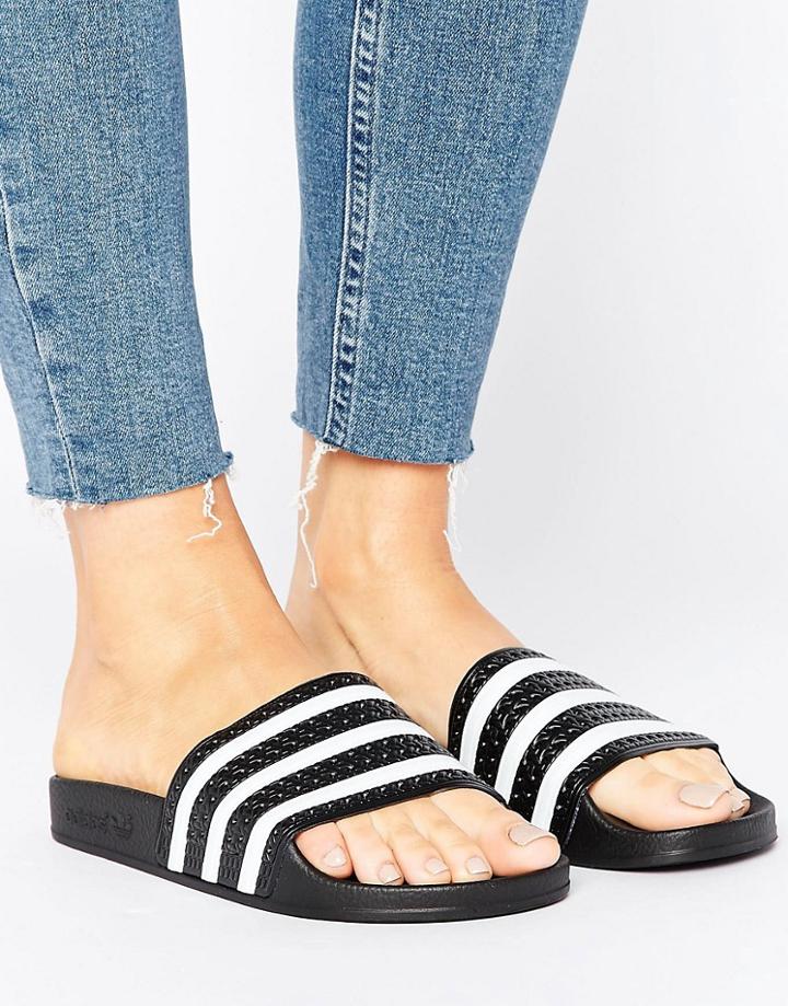 Adidas Originals Black And White Adilette Slider Sandals - Black