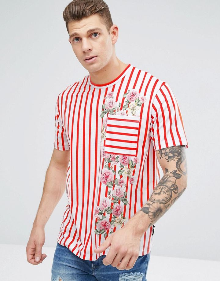 Jaded London T-shirt In Red Stripes With Floral Print - White