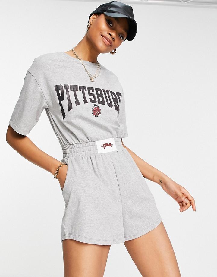 Asos Design Oversized Pittsberg Slogan Romper In Gray-white