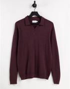 Topman Longsleeve Open Collar Knitted Polo In Burgundy-red
