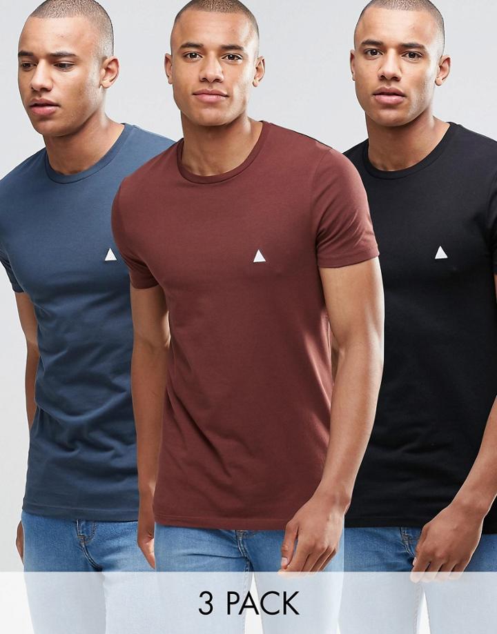 Asos 3 Pack Muscle T-shirt With Logo Save 21% In Black/blue/chestnut