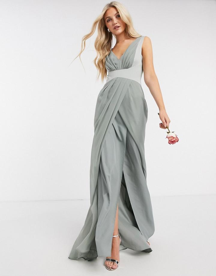Asos Design Bridesmaid Pleated Detail Bodice Maxi Dress With Button Back Detail In Olive-green