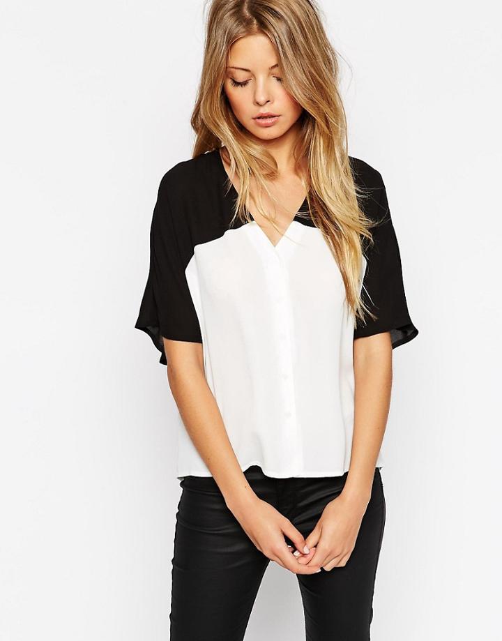 Asos Mono Color Block Cropped V Neck Kimono Blouse - Multi