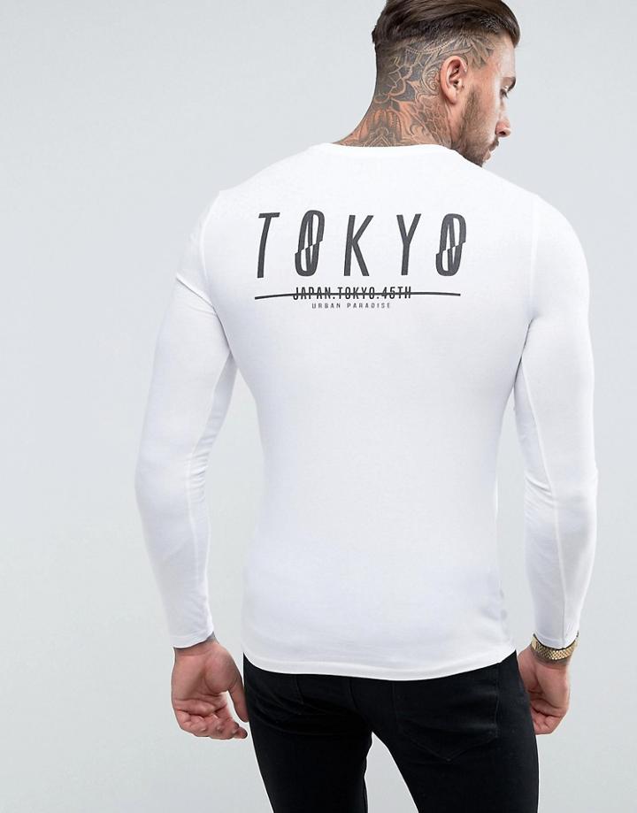 Asos Extreme Muscle Long Sleeve T-shirt With Tokyo Print - White