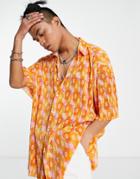 Asos Design Oversized Plisse Shirt In 70s Floral Print-orange