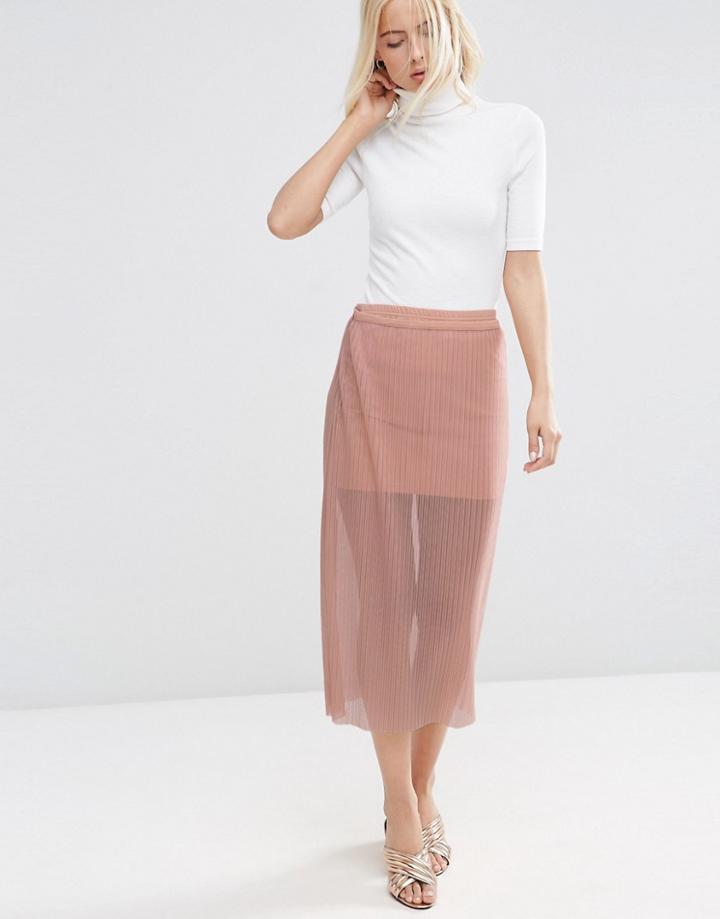 Asos Pleated Skirt In Sheer Mesh - Nude