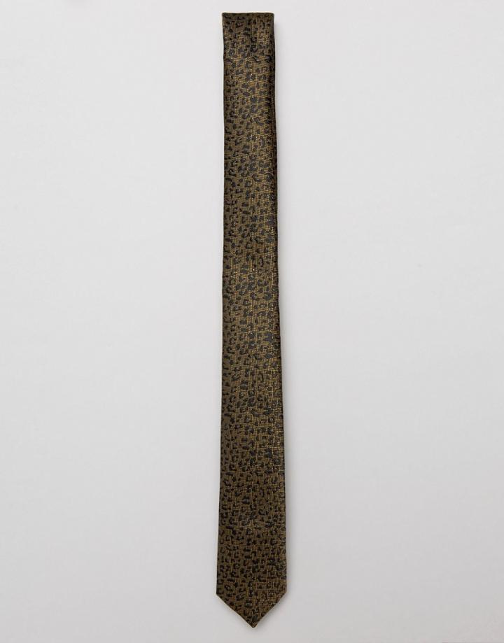 Asos Slim Tie In Jacquard Leopard Design - Gold