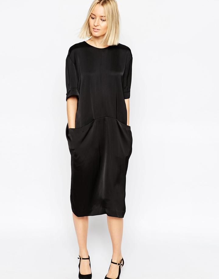 Asos White Satin Midi Dress With Pocket Detail - Black