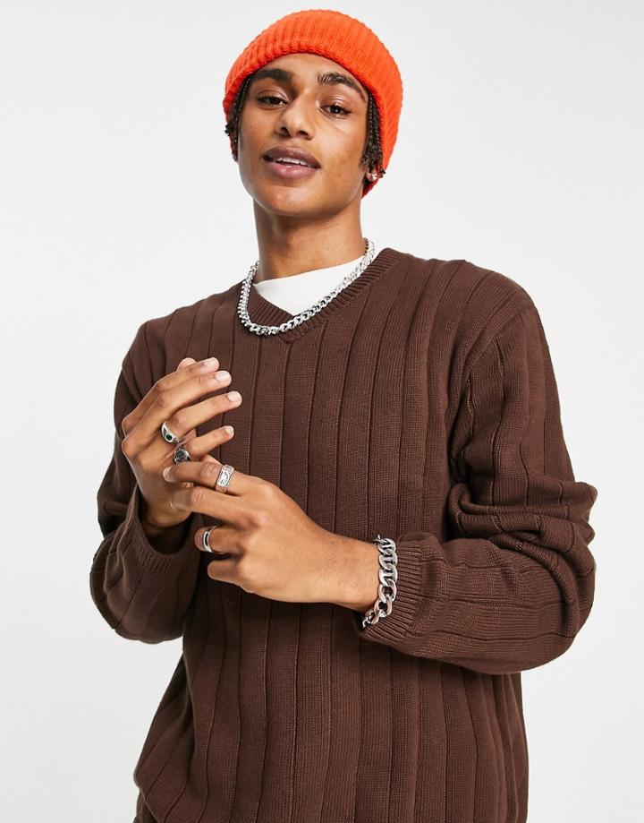 Weekday Ciarran Oversized V-neck Sweater In Brown