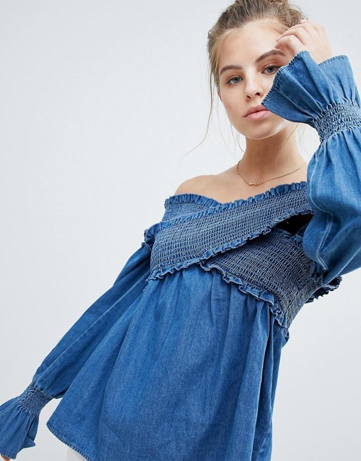 Asos Design Denim Shirred Off Shoulder Smock Top - Blue