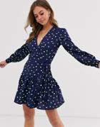 Influence Wrap Front Mini Dress In Green Spot - Navy