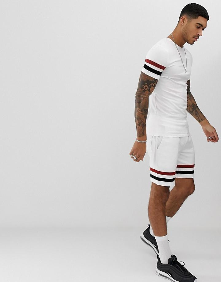 Asos Design Two-piece Muscle T-shirt With Stretch And Contrast Sleeve Stripe In White - White