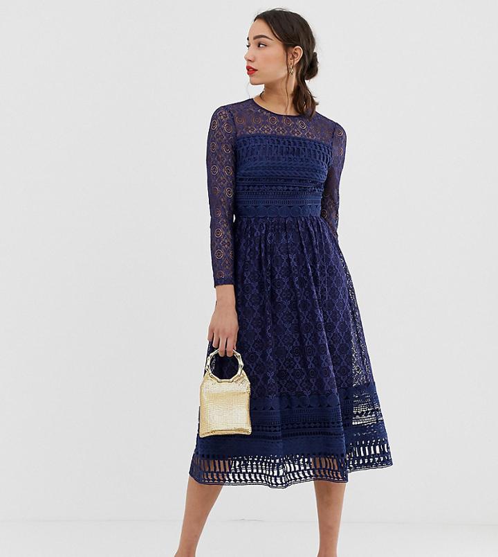 Asos Design Tall Premium Lace Midi Skater Dress-navy