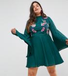 Asos Curve Embroidered Trumpet Sleeve Mini Dress - Green