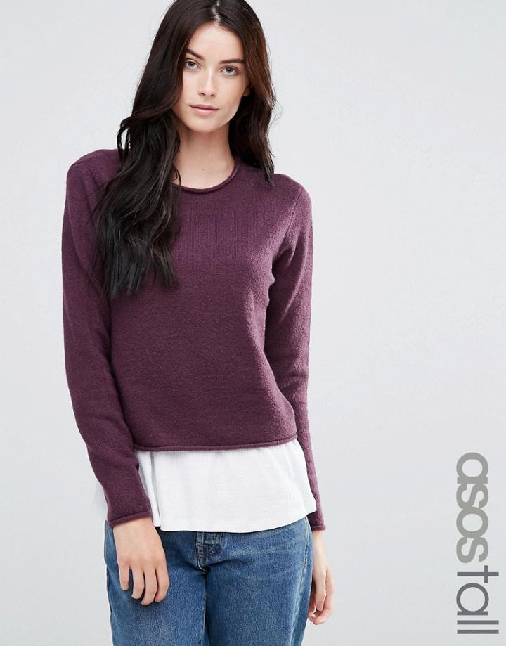 Asos Tall Cropped Sweater With Rolled Edge Detail In Fluffy Yarn - Pink