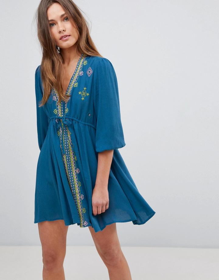 En Creme Embroidered Dress With Elastic Waist Tie - Blue