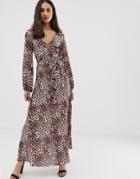 Asos Design Belted Maxi Dress With Pleated Skirt In Leopard Print - Yellow
