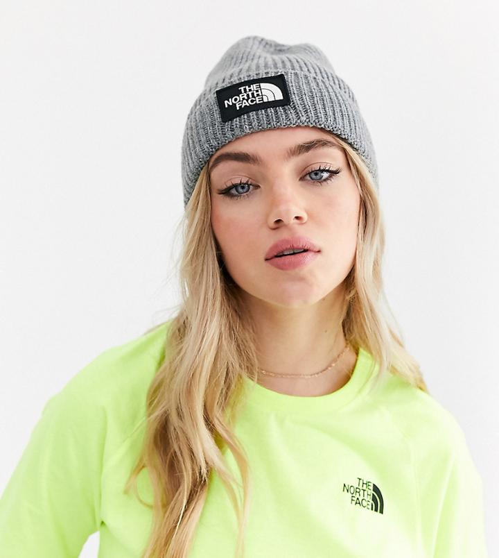 The North Face Logo Box Cuffed Beanie In Gray