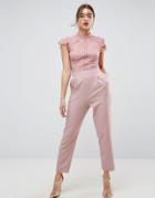 Asos Lace Top Jumpsuit With Fluted Sleeve - Pink