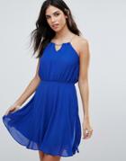 Zibi London Halterneck Skater Dress With Chain Detail - Blue