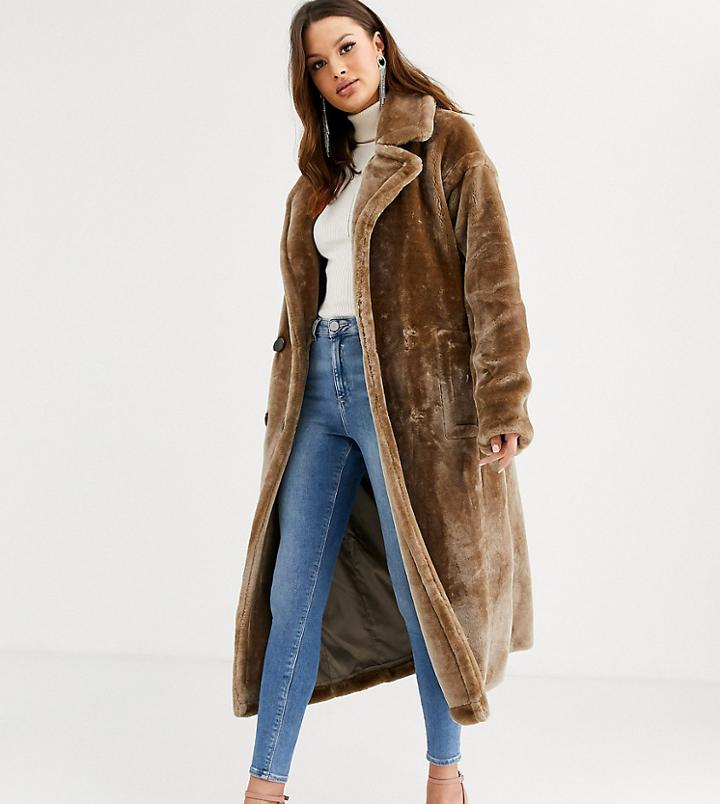 Asos Design Tall Plush Faux Fur Maxi Coat With Seam Detailing-gray