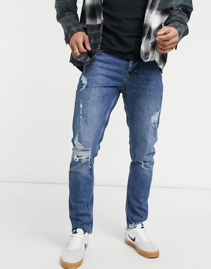 Asos Design Slim Jeans In Dark Wash With Abrasions-blues