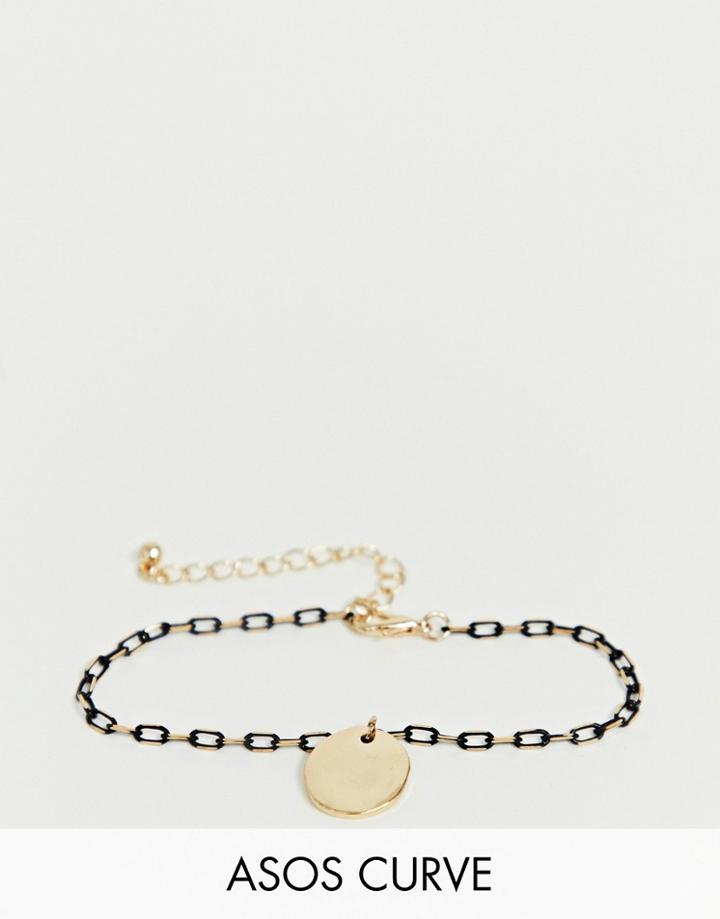 Asos Design Curve Bracelet In Delicate Open Link Chain With Black Detail And Disc Charm In Gold Tone - Gold