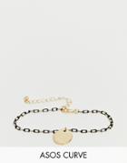 Asos Design Curve Bracelet In Delicate Open Link Chain With Black Detail And Disc Charm In Gold Tone - Gold