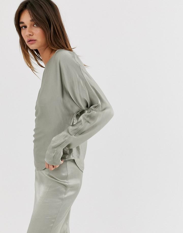Weekday Limited Edition Long Sleeve Top With Satin In Olive Green