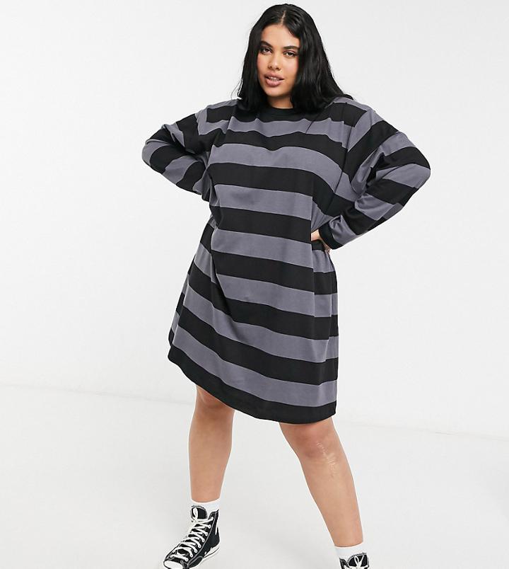 Asos Design Curve Oversized T-shirt Dress With Long Sleeve In Black And Gray Stripe-grey