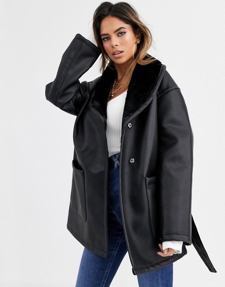 Asos Design Luxe Leather Look Wrap Over Jacket In Black