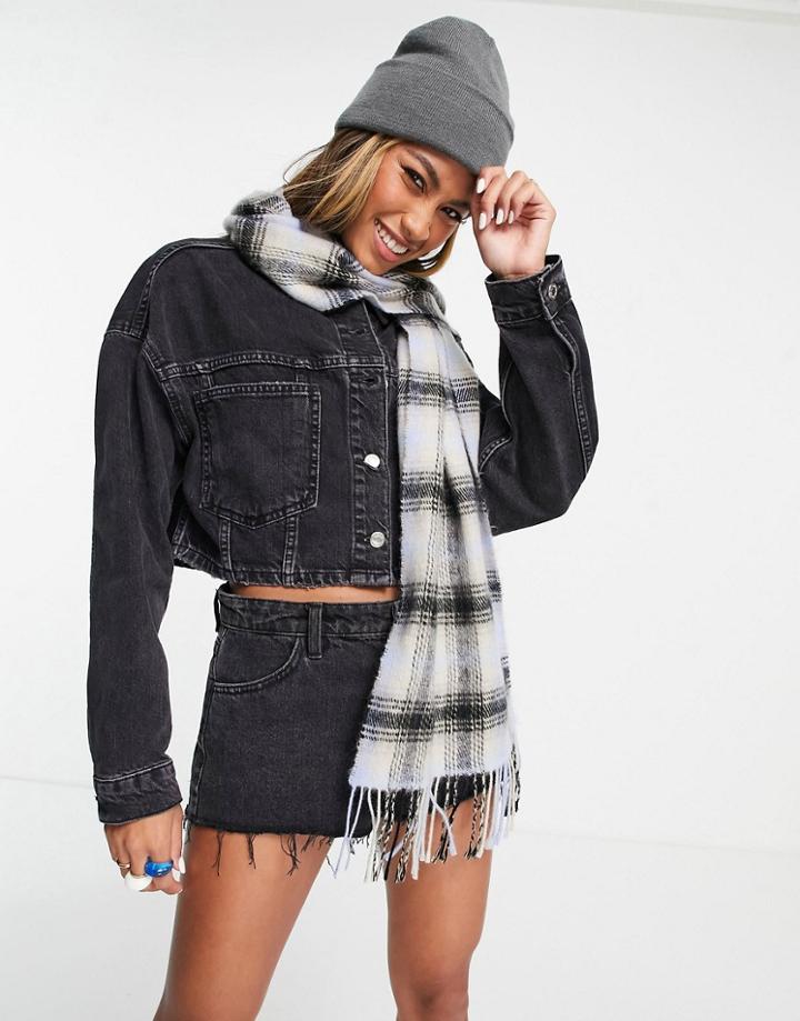 Topshop Pretty Check Scarf In Blue-blues